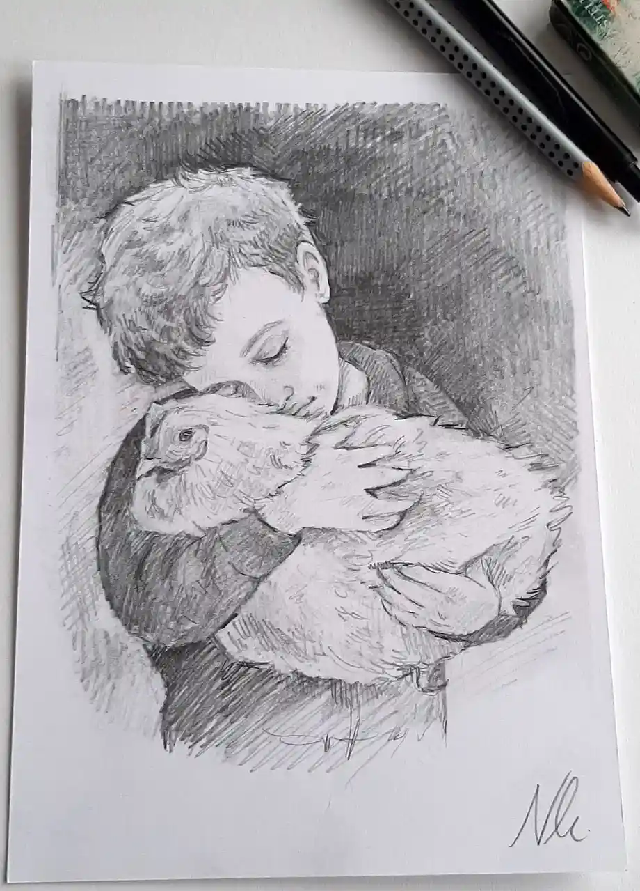 A pencil sketch shows a young boy with closed eyes hugging a chicken tightly, conveying deep affection. The drawing is…