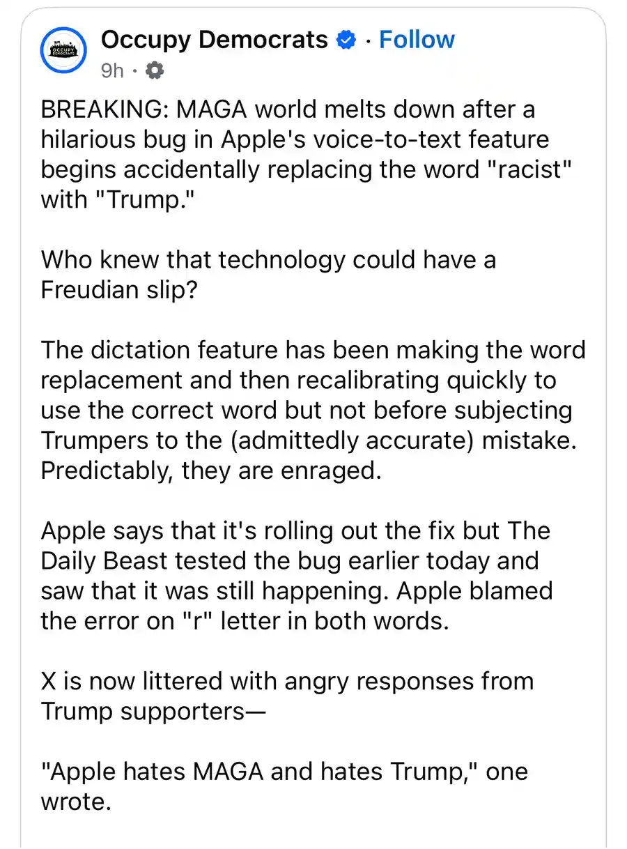 The image displays a screenshot of a social media post from 'Occupy Democrats' detailing a reported bug in Apple's…