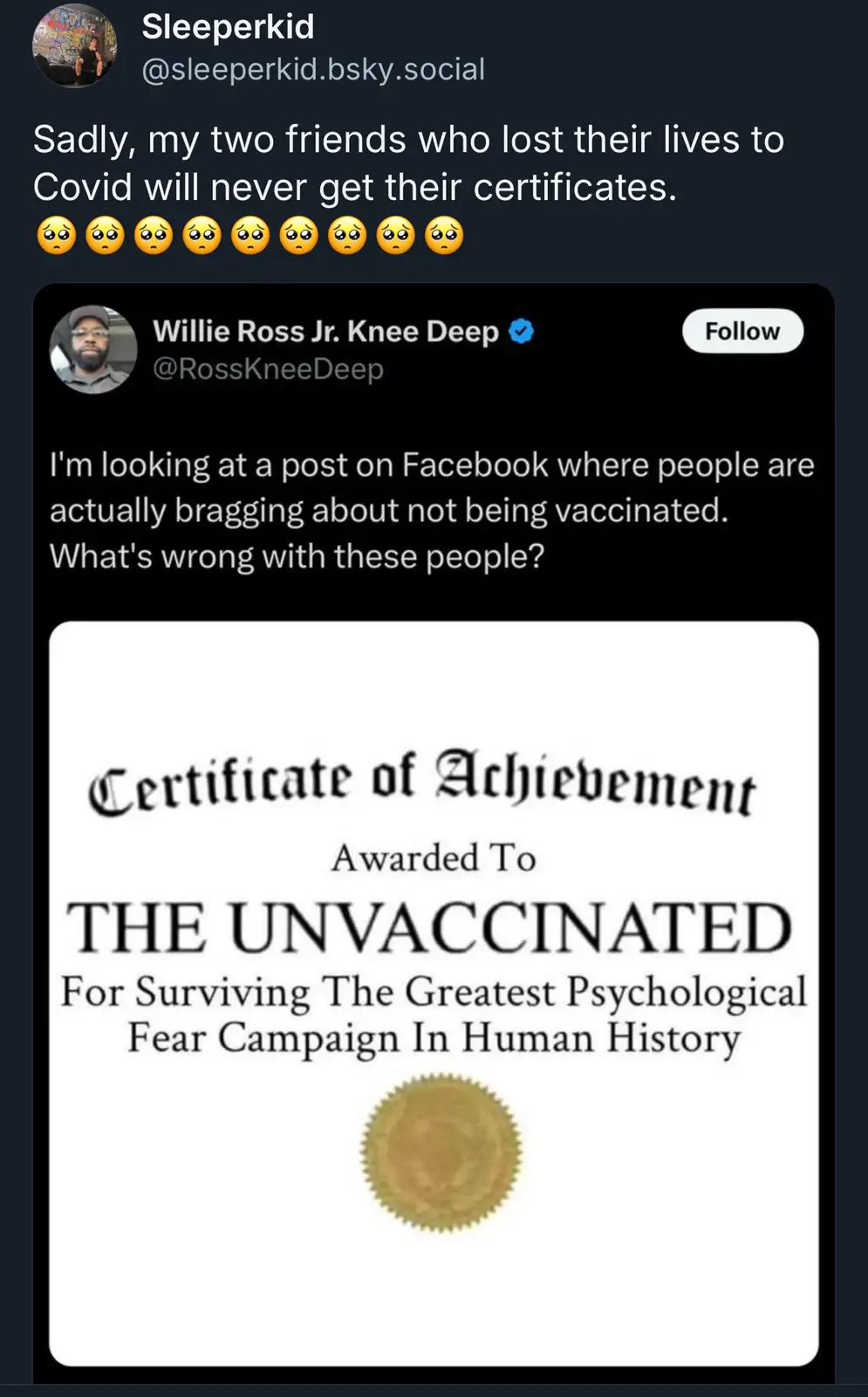 A screenshot of a tweet by Willie Ross Jr. Knee Deep, which includes a mock 'Certificate of Achievement' awarded to 'THE…