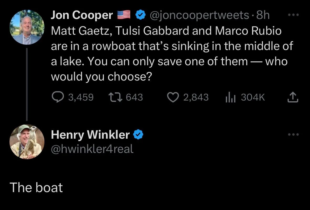 A screenshot of a Twitter thread shows Jon Cooper posing a hypothetical question about saving one of three politicians from…