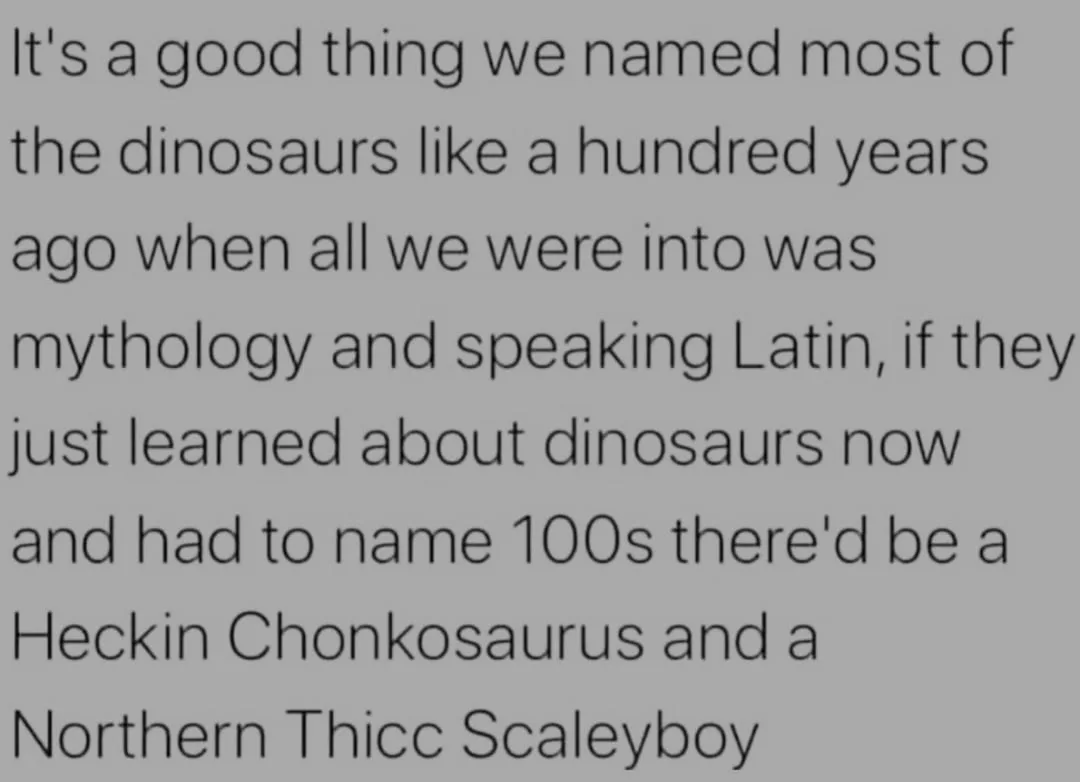 The image displays a plain gray background with black text that humorously laments how dinosaurs were named in the past…