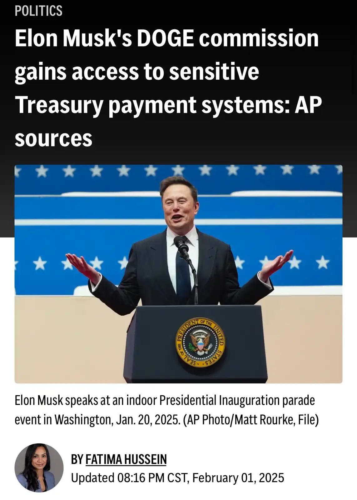 A manipulated news article screenshot shows Elon Musk standing at a podium with the Presidential Seal, arms outstretched, as…
