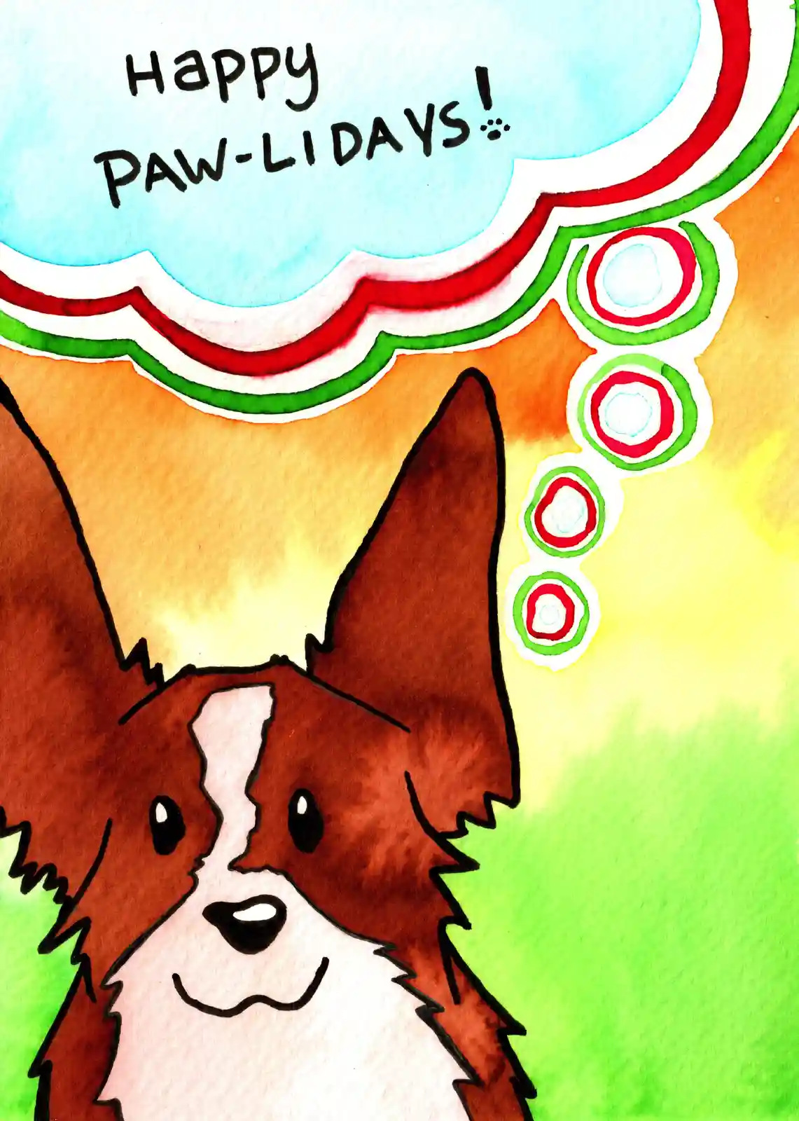 A watercolor illustration of a brown and white dog with a cheerful expression, featuring a large blue thought bubble above…