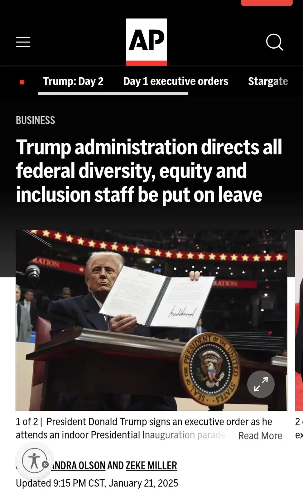 A screenshot of an AP news article from January 21, 2025, shows President Donald Trump holding an executive order at a…