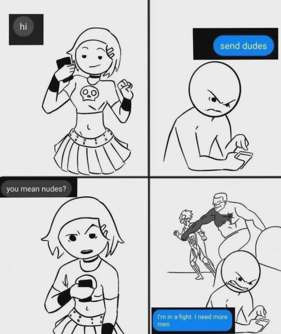 A four-panel comic shows a girl texting 'hi', then a guy replying 'send dudes'. She asks 'you mean nudes?', and he replies…