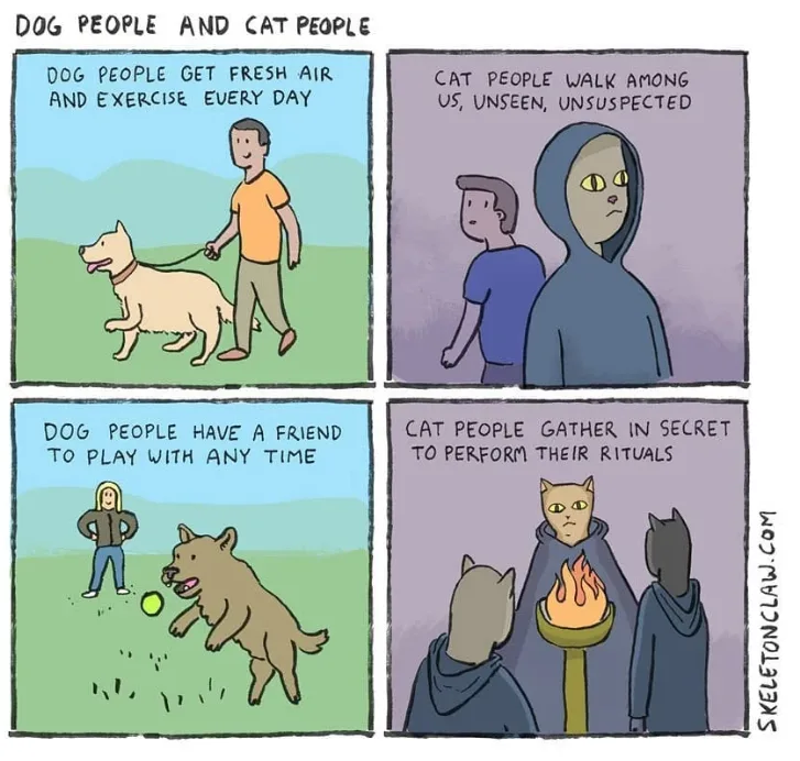 A four-panel comic titled 'DOG PEOPLE AND CAT PEOPLE' contrasts the lifestyles of dog owners and cat owners. The top-left…