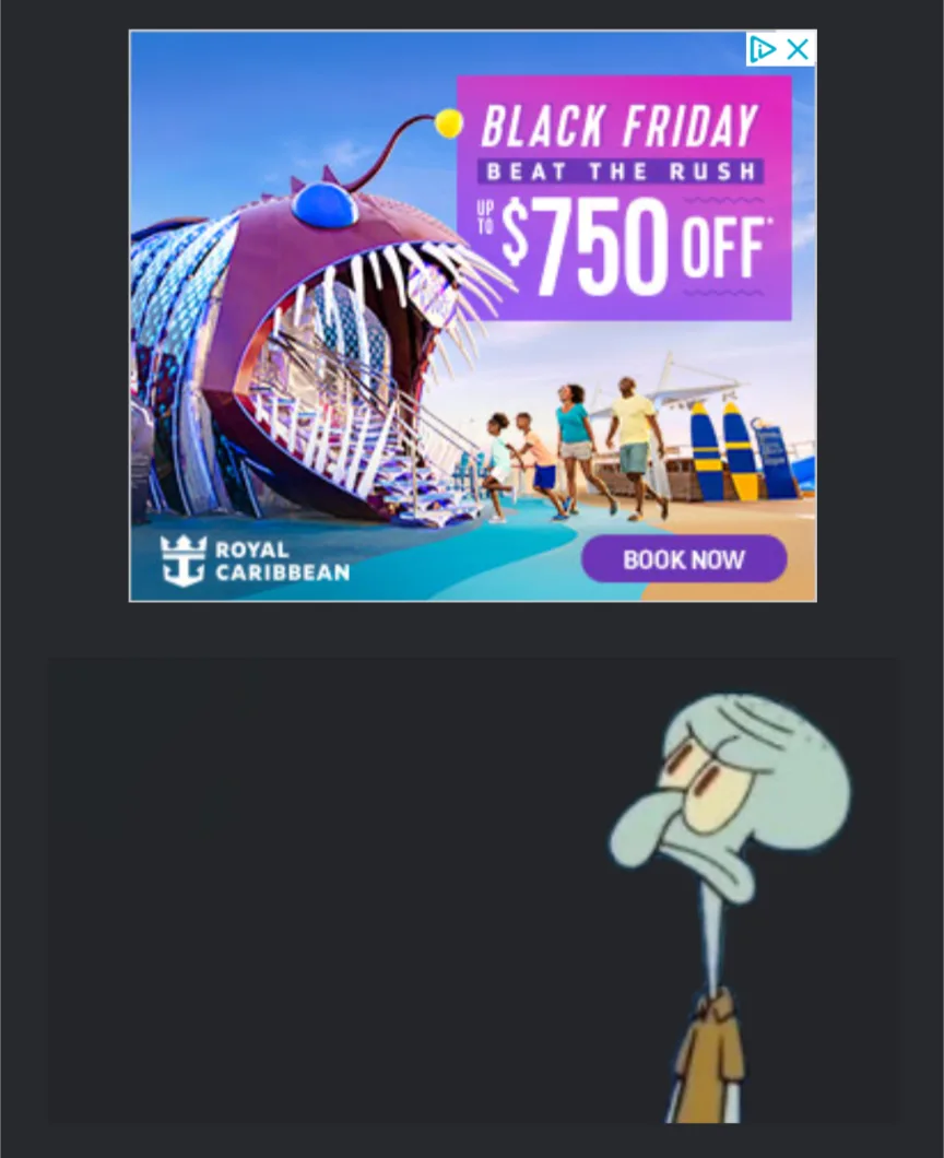 An advertisement for Royal Caribbean's Black Friday sale, featuring a giant, smiling anglerfish-shaped cruise ship with…