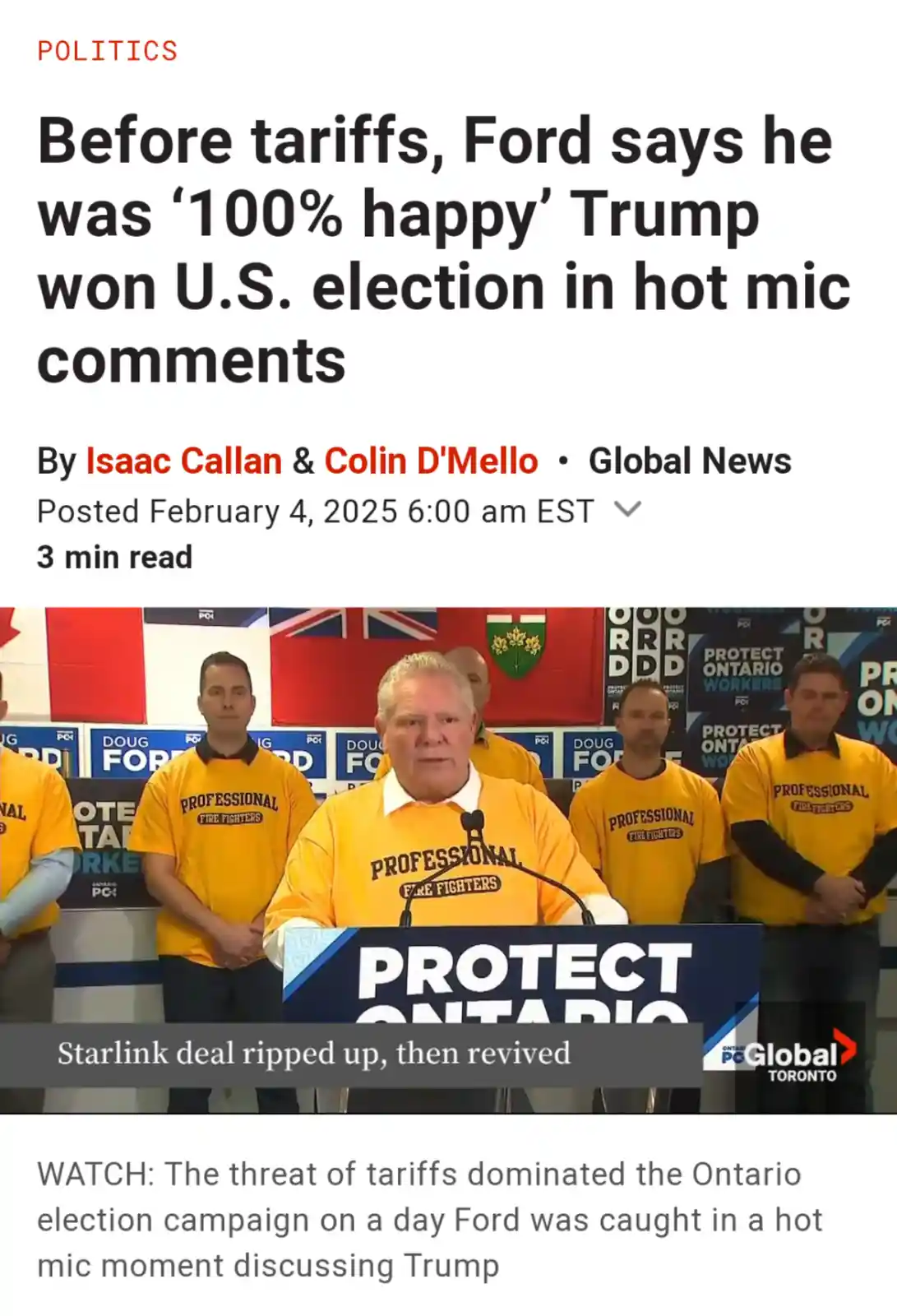 A screenshot of a Global News article about Doug Ford's hot mic comments, showing him at a podium with 'PROTECT ONTARIO'…