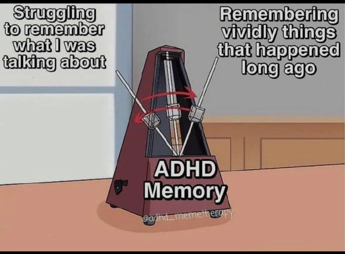 An illustration of a metronome with text overlaid. On the left, text reads 'Struggling to remember what I was talking…
