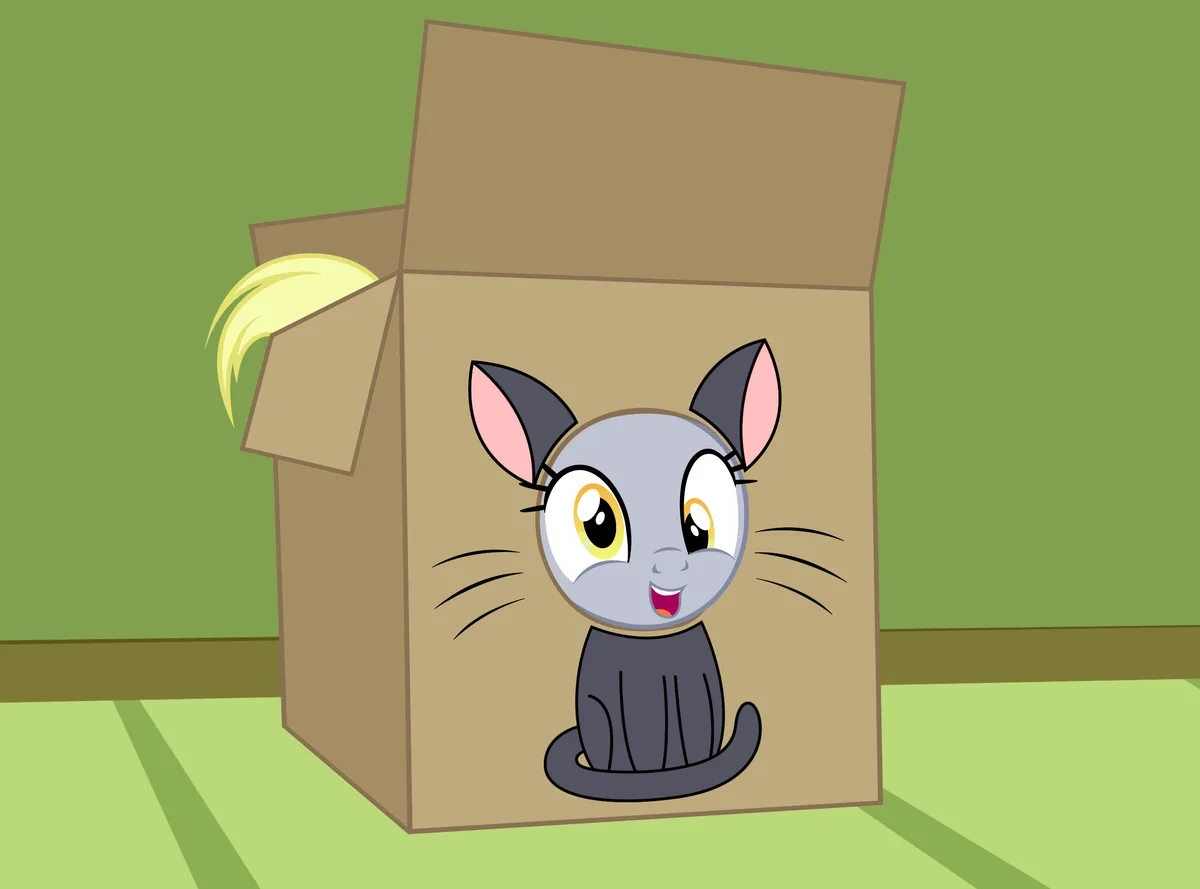 A cartoon gray cat with large yellow eyes and a blonde ponytail peeks happily from inside a brown cardboard box, with its…