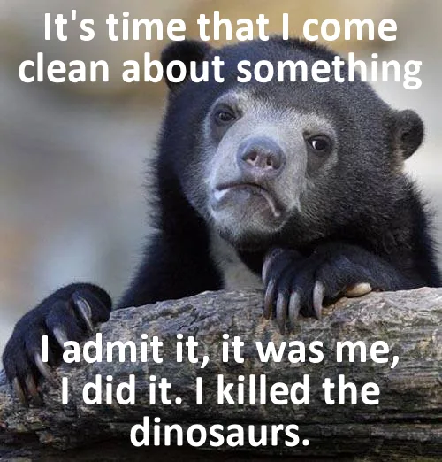A close-up photo of a black bear with a sad, guilty expression, resting its paws on a log. White text overlaid on the image…