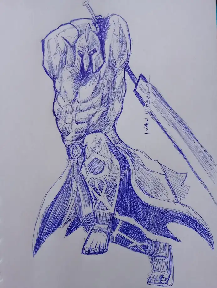 A blue ink sketch of a heavily muscled, armored warrior with a helmet, holding a sword over his shoulder, drawn on white…