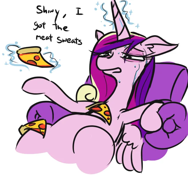 A cartoon pony with purple hair and a horn is sweating profusely while holding a slice of pizza, with another slice floating…