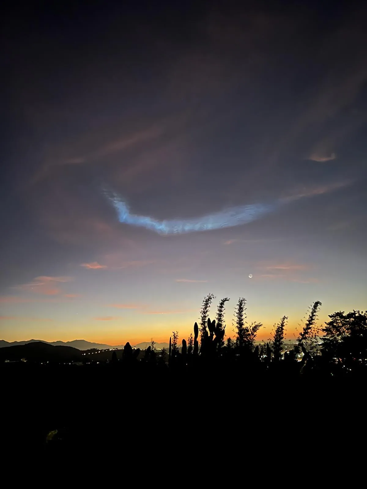 A twilight sky with a silhouetted landscape of cacti and distant hills, featuring a crescent moon and a striking, glowing…
