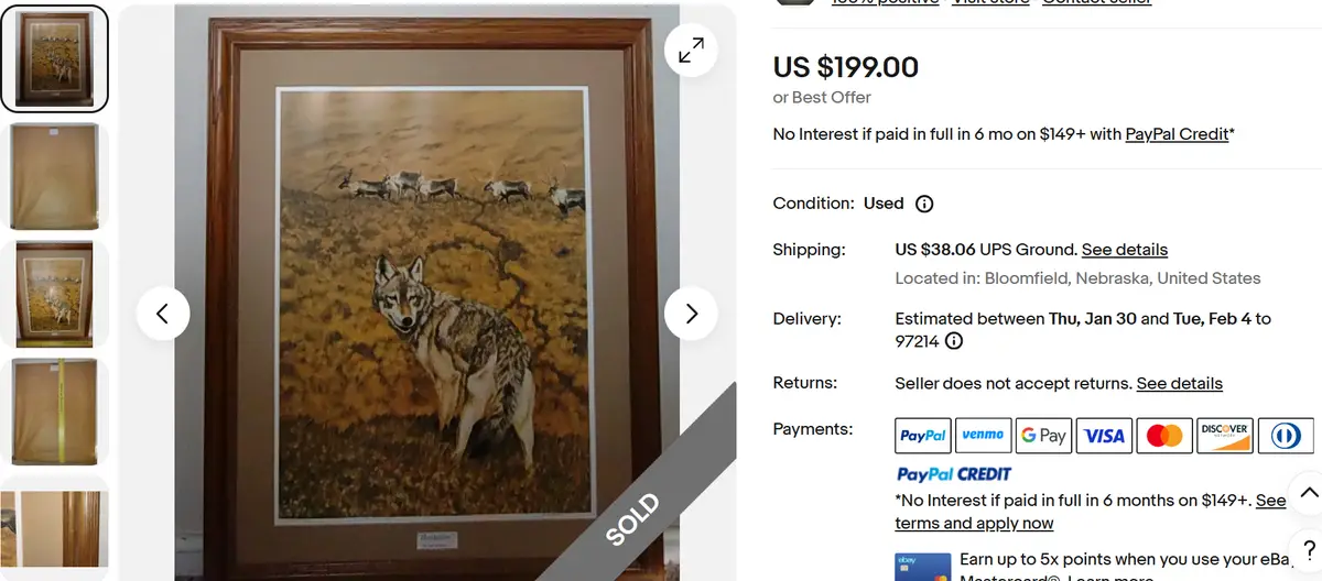 An eBay listing for a framed painting showing a wolf in the foreground and a herd of reindeer in the background, with a…