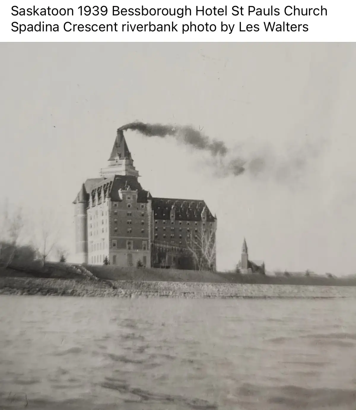 A black-and-white historical photograph from 1939 shows the Bessborough Hotel in Saskatoon, Saskatchewan, situated on a…
