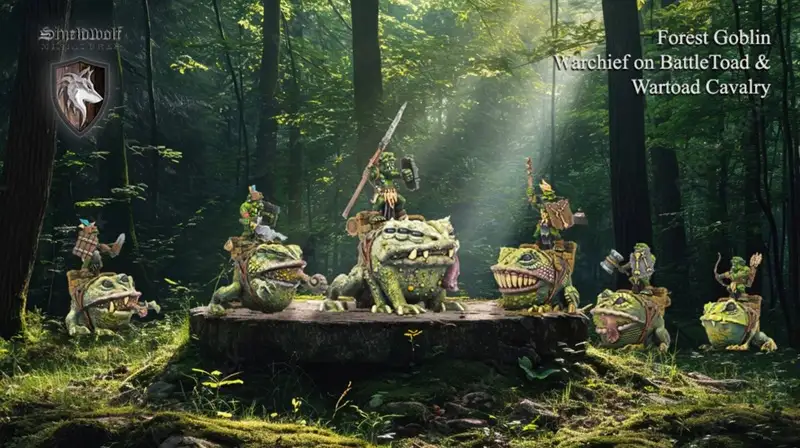 A fantasy illustration shows several green-skinned goblin-like warriors riding large, armored toads in a sunlit forest. The…