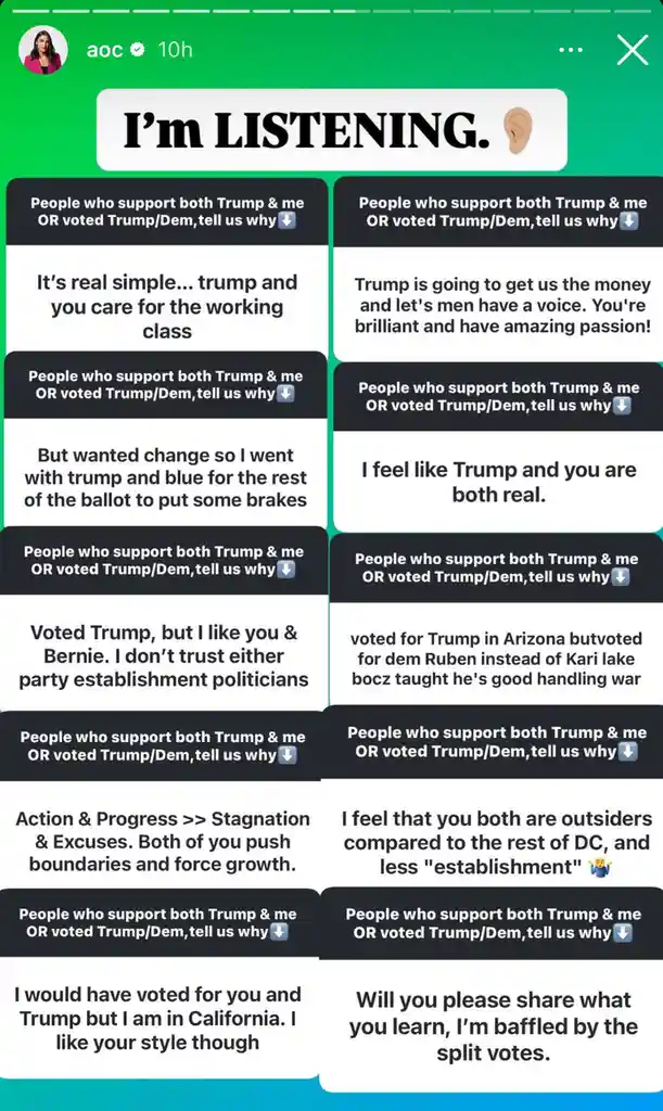 An Instagram Story screenshot from 'aoc' showing a poll asking people who support both Trump and her or voted for Trump/Dem…