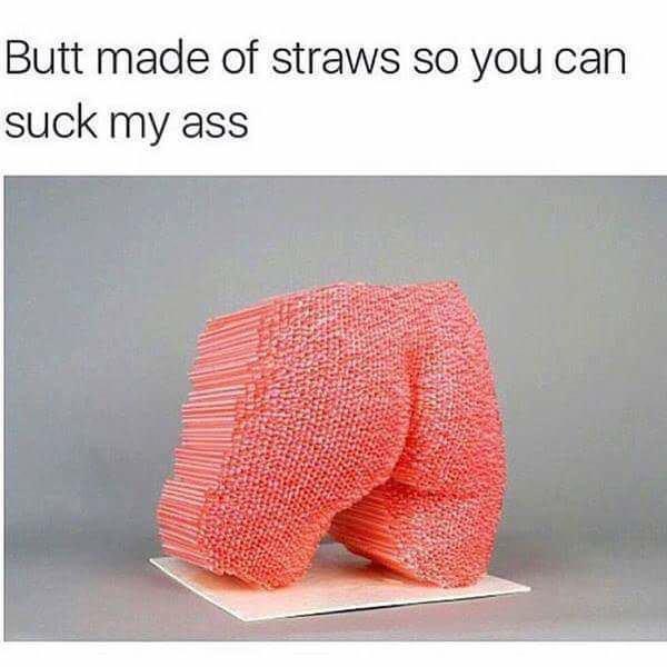 A sculpture shaped like a human buttocks, constructed entirely from tightly packed pink plastic straws, stands on a white…