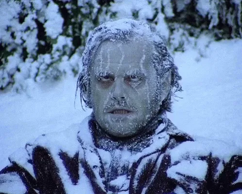 The image shows a man covered in snow, with frost on his face and hair, standing in a snowy landscape. The same image is…