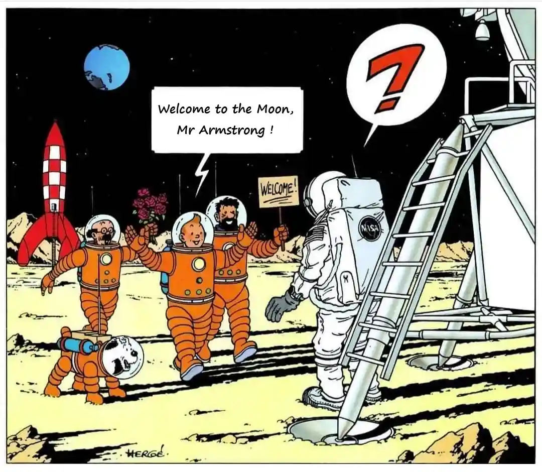 A cartoon depicts a group of astronauts in orange suits welcoming a man in a white NASA spacesuit on the moon. The welcoming…