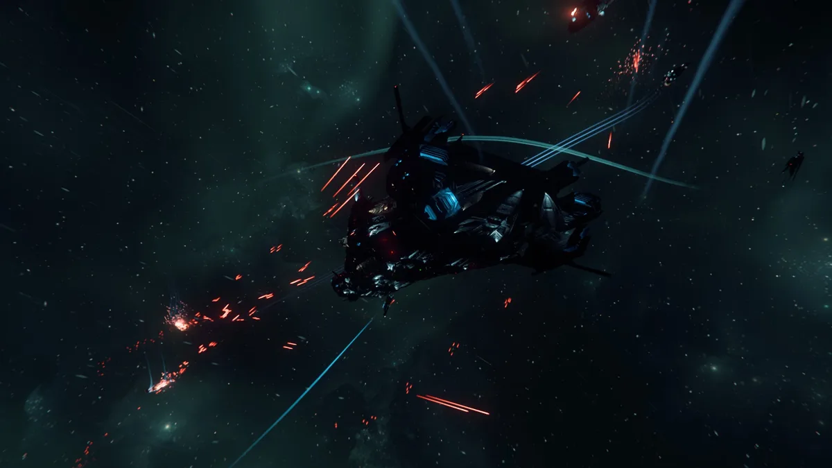 A heavily damaged spaceship is shown in space, surrounded by debris and laser fire from multiple enemy ships. The ship is…