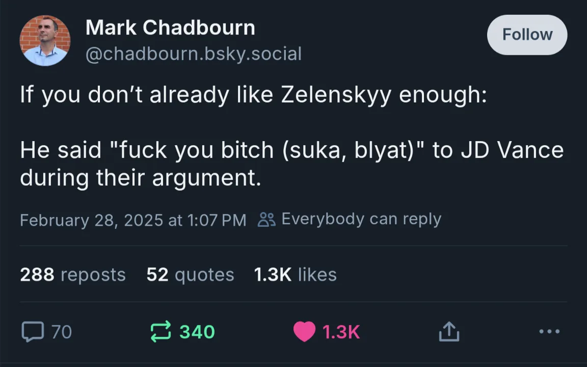 A screenshot of a social media post by Mark Chadbourn on a platform resembling Bluesky, showing a tweet that reads: 'If you…