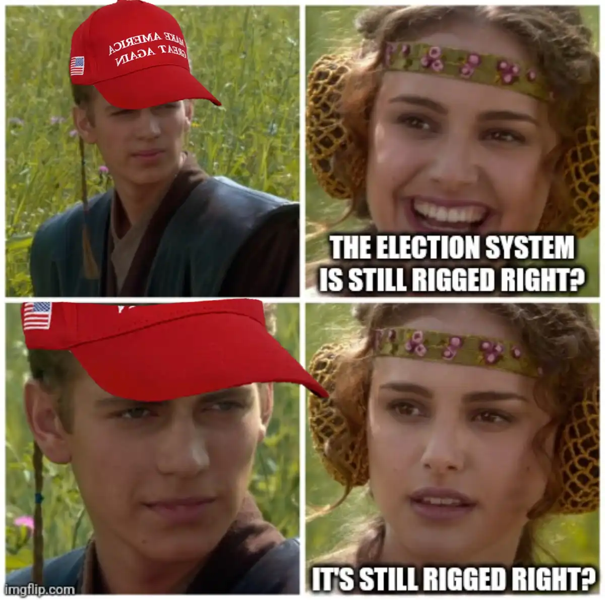 A four-panel meme featuring a young man with a red 'Make America Great Again' cap and a young woman with a floral headband…