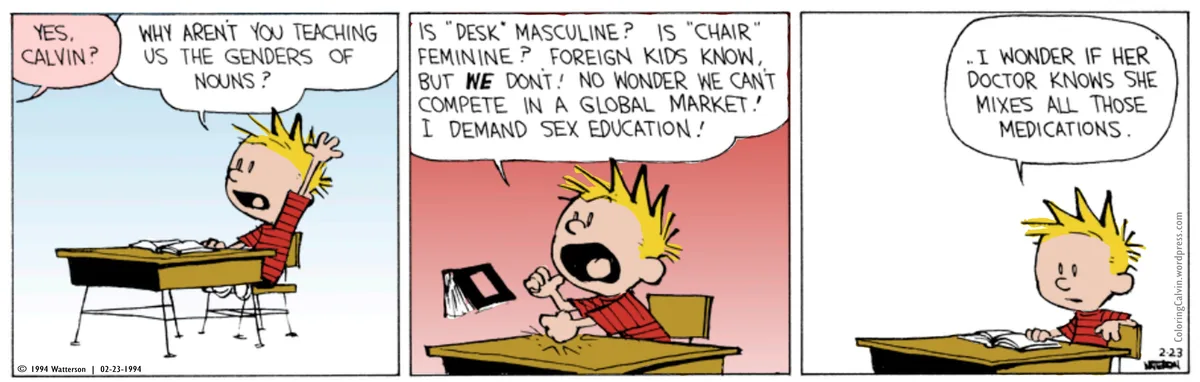 A three-panel Calvin and Hobbes comic strip shows Calvin, a young boy with spiky blonde hair in a red striped shirt, raising…