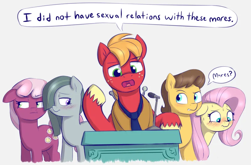 A red-haired pony with a shocked expression stands at a podium, denying sexual relations with several other ponies standing…