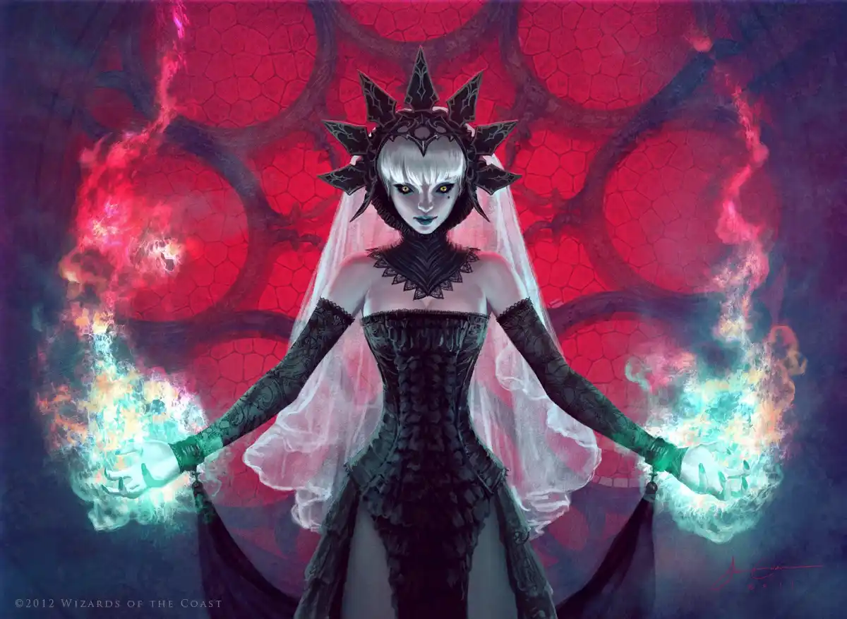 A dark fantasy illustration shows a woman with pale skin, white hair, and yellow eyes wearing a black wedding dress with a…
