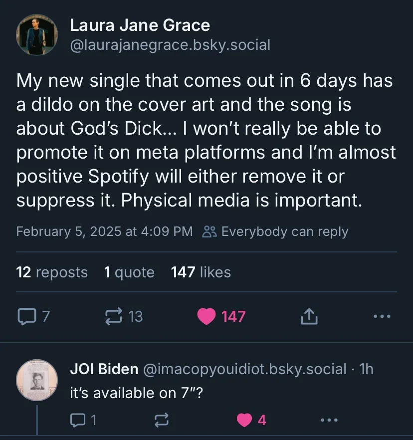 A screenshot of a Bluesky post by Laura Jane Grace announcing her new single with explicit cover art and lyrics, noting she…
