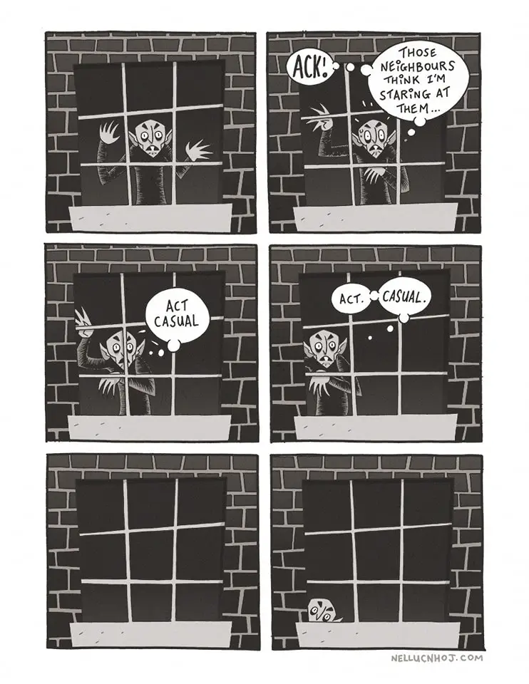 A six-panel comic strip shows a cartoonish, pale-faced creature with pointed ears and claws peering through a barred window…