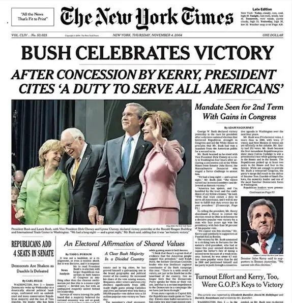 A digitally altered image of a 2004 New York Times front page, where the headline reads 'BUSH CELEBRATES VICTORY AFTER…