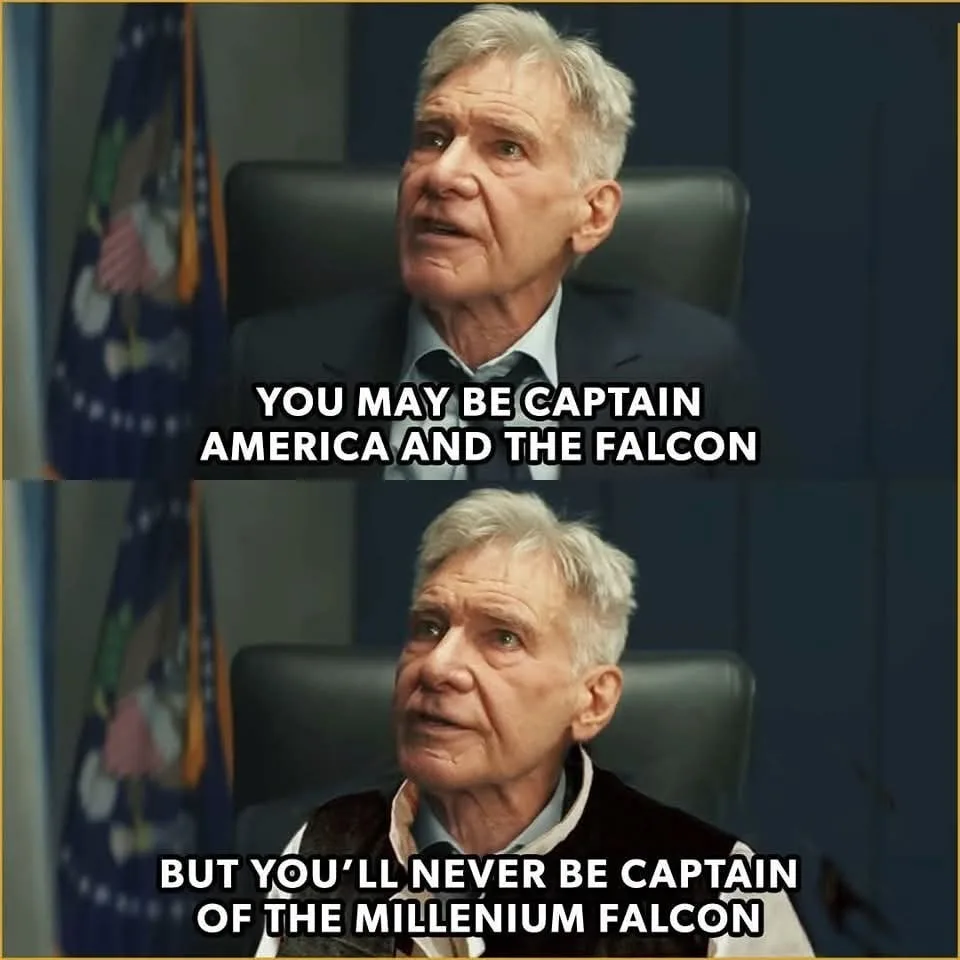 The image is a two-panel meme featuring actor Harrison Ford as an older man in a suit, first in a formal setting with a flag…