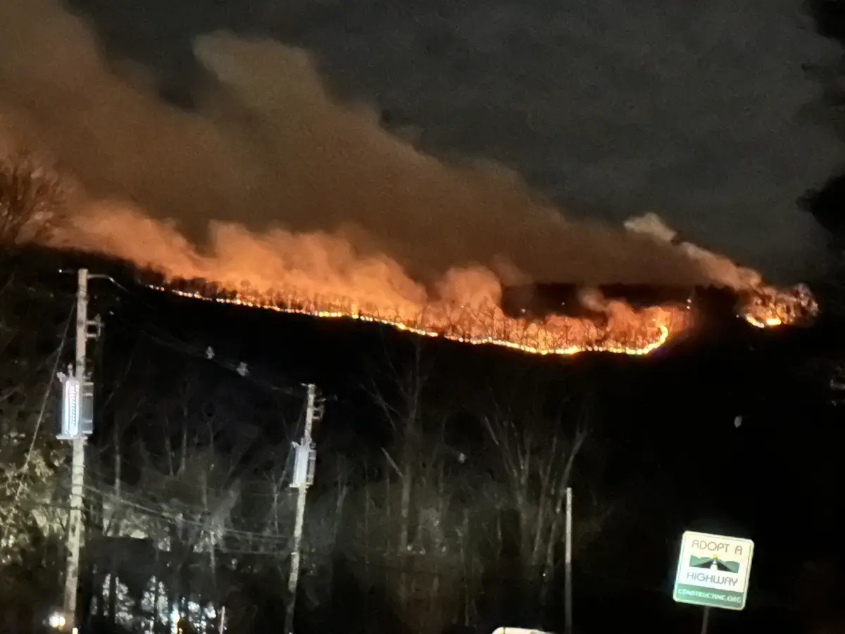 A nighttime photo shows a massive, fiery orange and black smoke plume rising from a distant treeline, with utility poles and…