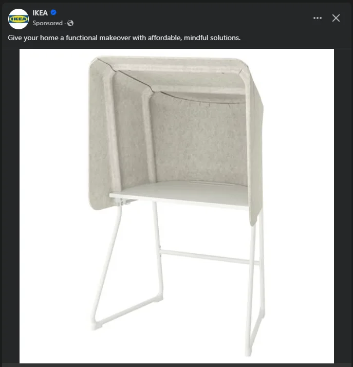 An IKEA advertisement image shows a beige fabric privacy screen attached to a white metal chair frame, creating a small…