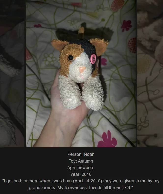 A hand holds a handmade plush toy cat with brown, white, and black fur, a pink button eye, and a small tail, against a…