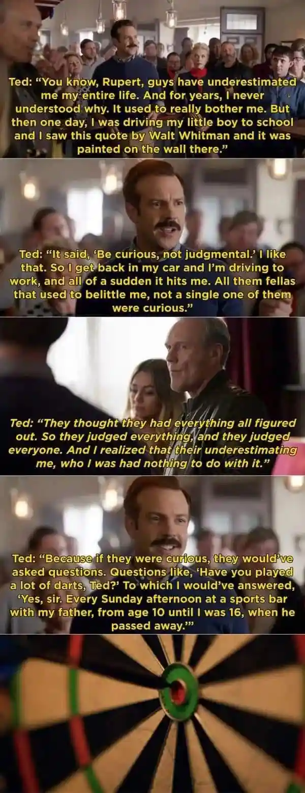 A five-panel meme from the TV show 'Ted Lasso' featuring the character Ted, played by Jason Sudeikis, delivering a monologue…
