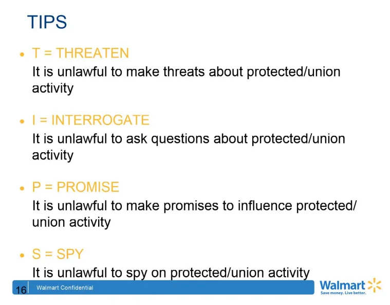 A presentation slide titled 'TIPS' lists four unlawful actions: threaten, interrogate, promise, and spy — all related to…