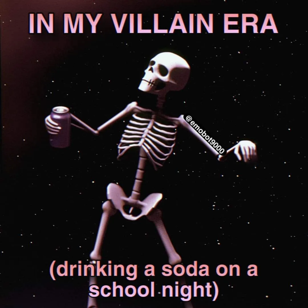 A 3D-rendered skeleton stands against a starry black background, holding a soda can in one hand and gesturing with the…