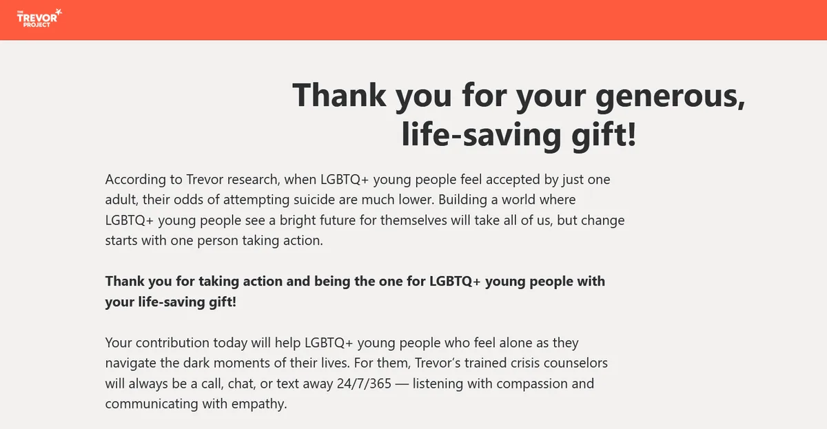A donation confirmation page from The Trevor Project, featuring a red header with the organization's logo, followed by text…