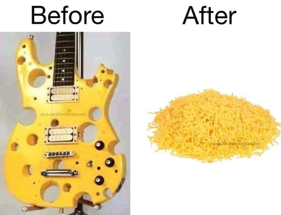 The image displays a side-by-side comparison labeled 'Before' and 'After'. The 'Before' panel shows a yellow electric guitar…