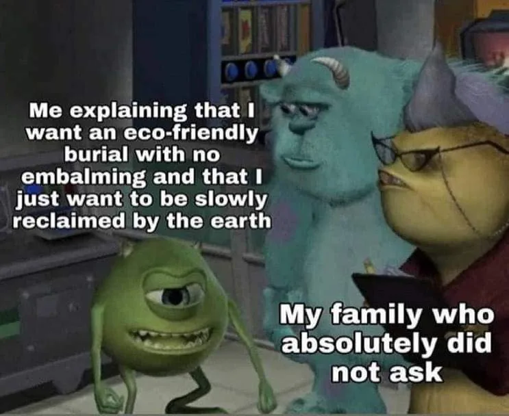A still from Monsters, Inc. shows Mike Wazowski looking excitedly at Sulley and a woman in glasses. Text overlaid on Mike…