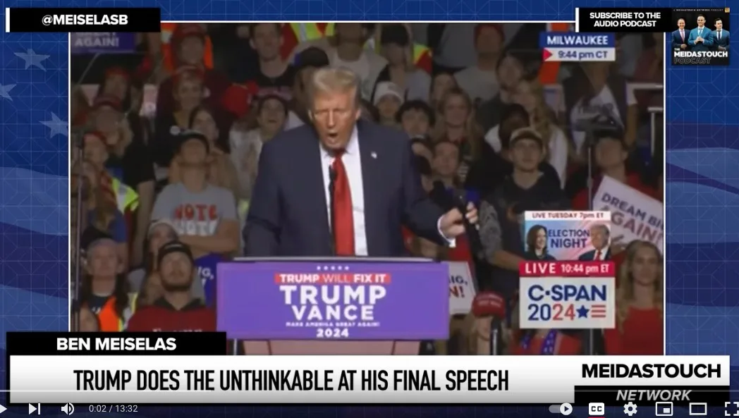 A screenshot from a C-SPAN broadcast shows Donald Trump speaking at a rally with a purple podium that reads 'TRUMP WILL FIX…