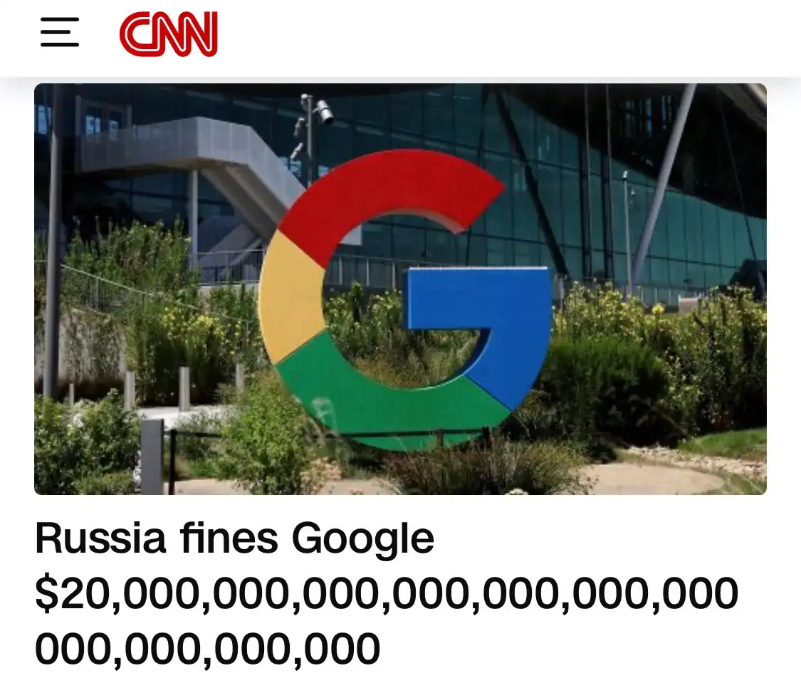 The image shows a large Google logo sculpture in front of a modern glass building, overlaid with text claiming Russia fined…