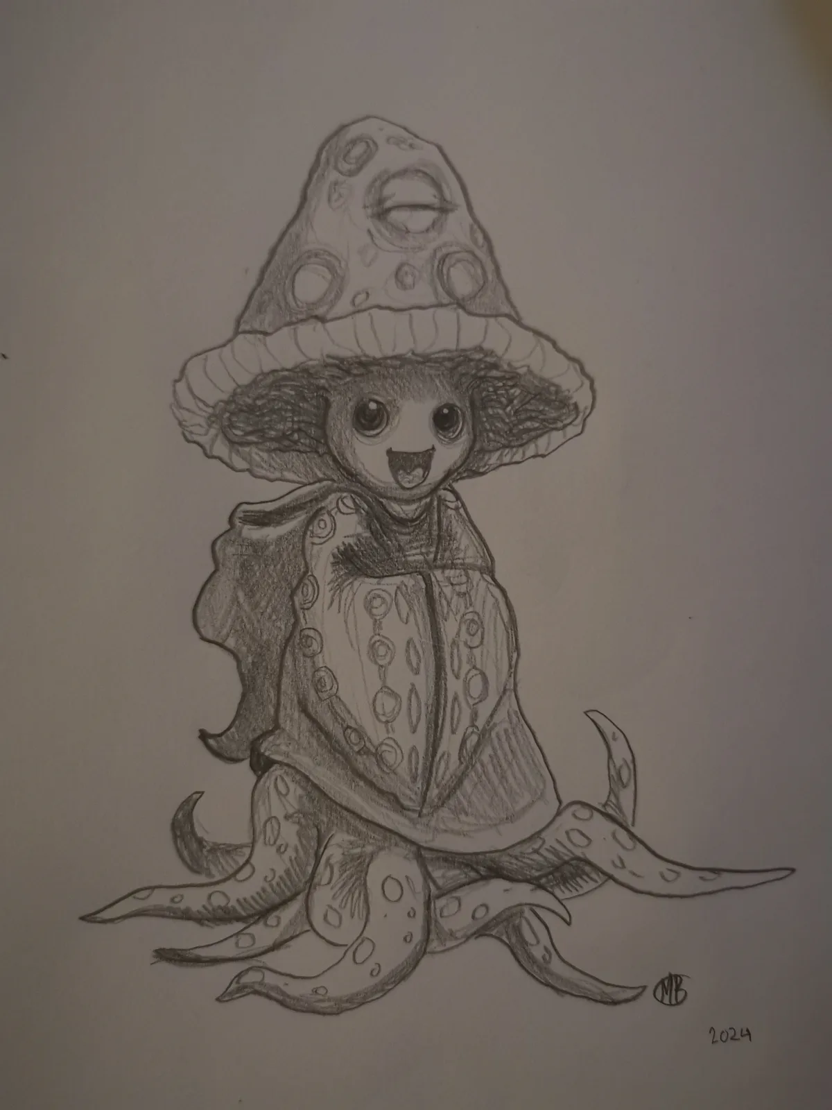 A pencil sketch of a cute, cartoonish octopus wearing a large, spotted mushroom cap as a hat and a patterned cape, with a…