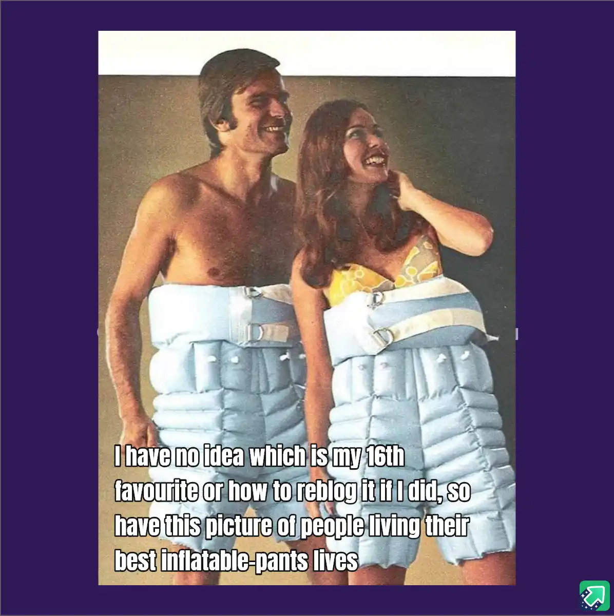 A vintage photo shows a smiling man and woman, both shirtless and wearing light blue inflatable pants with white straps and…