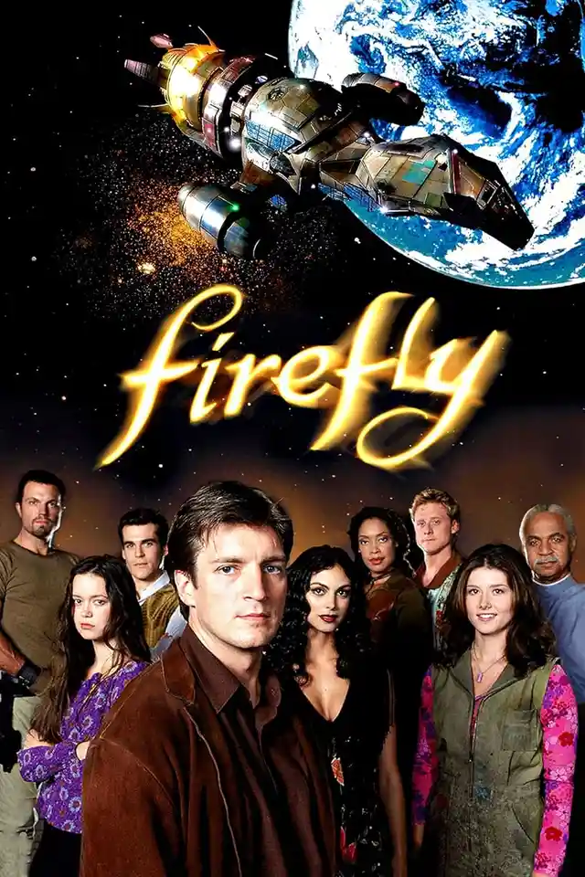 The promotional poster for the TV show 'Firefly' features the main cast standing together against a space backdrop with a…