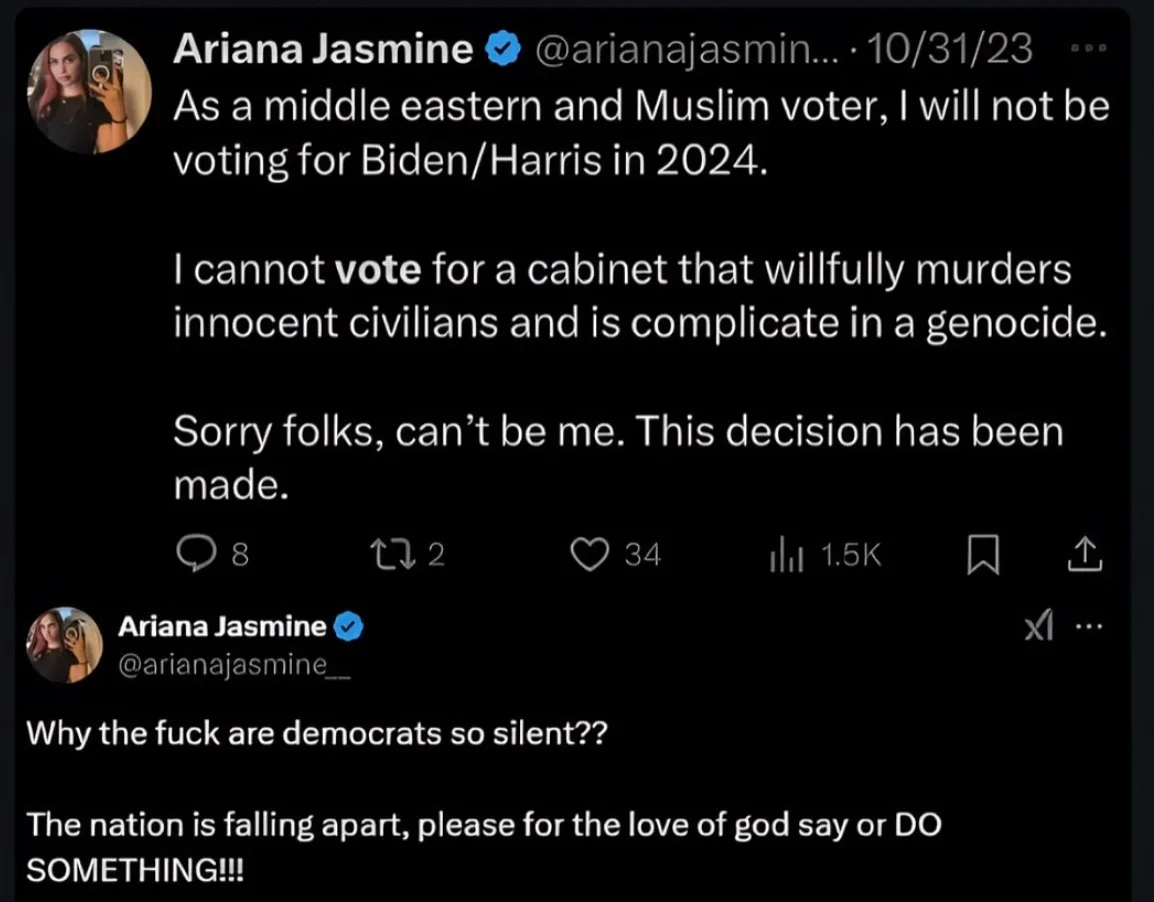 A screenshot of two tweets from verified user Ariana Jasmine, posted on October 31, 2023. The first tweet states she will…